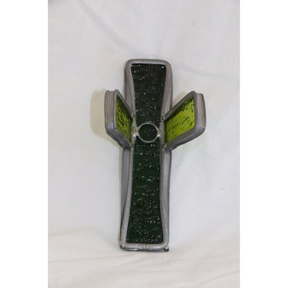 Vintage Stained Glass Crucifix Celtic Cross Handmade Dark Green & Light Green - Picture 1 of 10